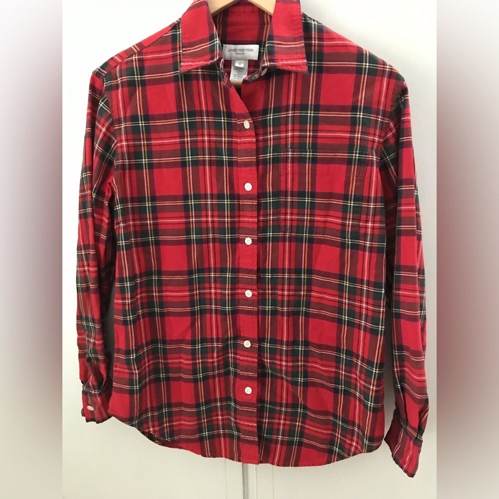Jones New York Red Green Plaid Women Plaid 100% Cotton Button Up Size Small